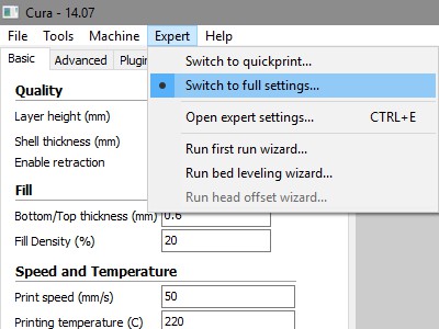 cura fullsettings