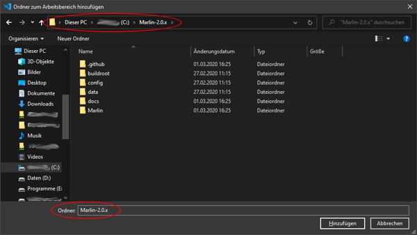 Visual Studio Code Auswahl Verzeichnis Marlin